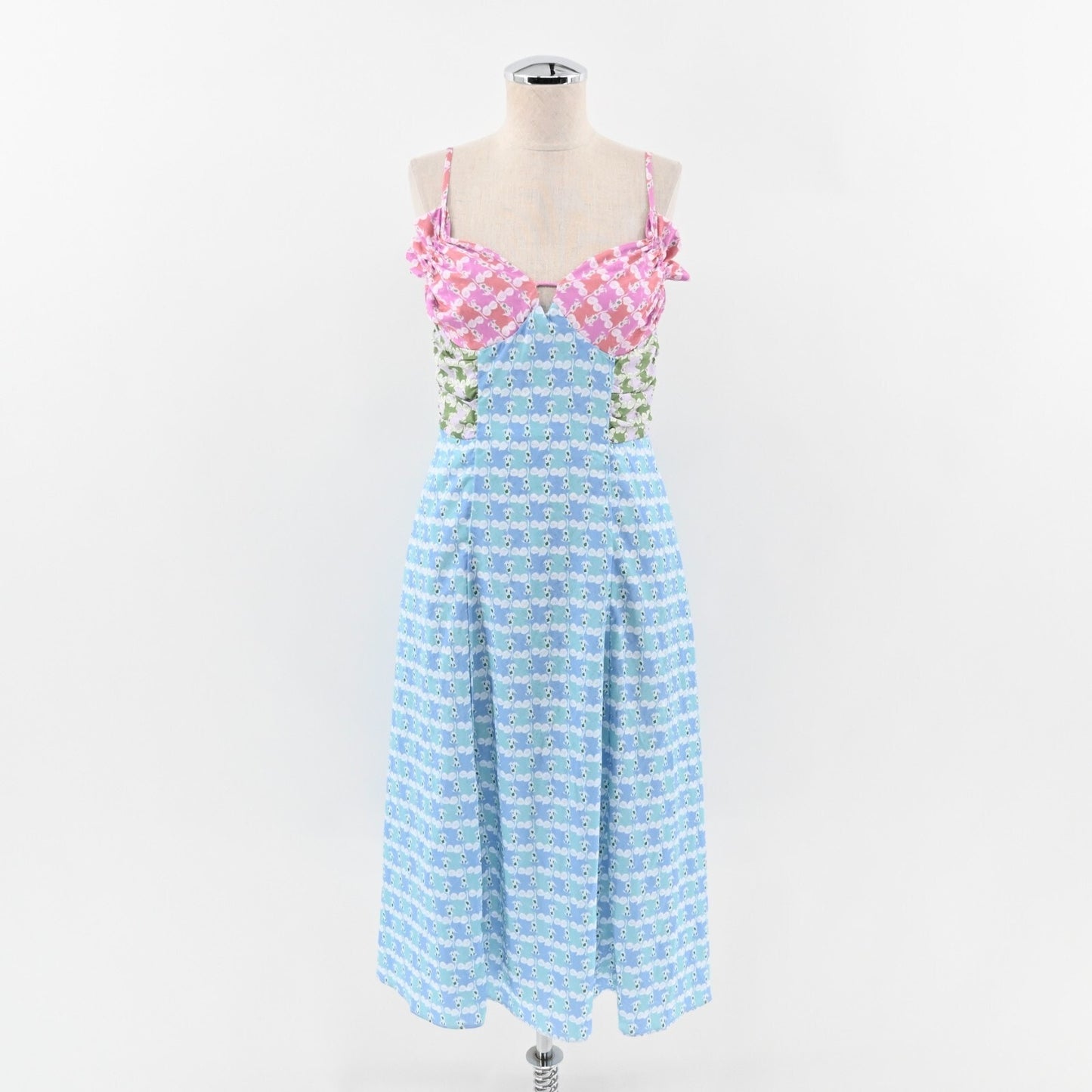 ENGLISH FACTORY Dress Sz S Pastels Floral Print Satin Sleeveless Midi Blue Pink