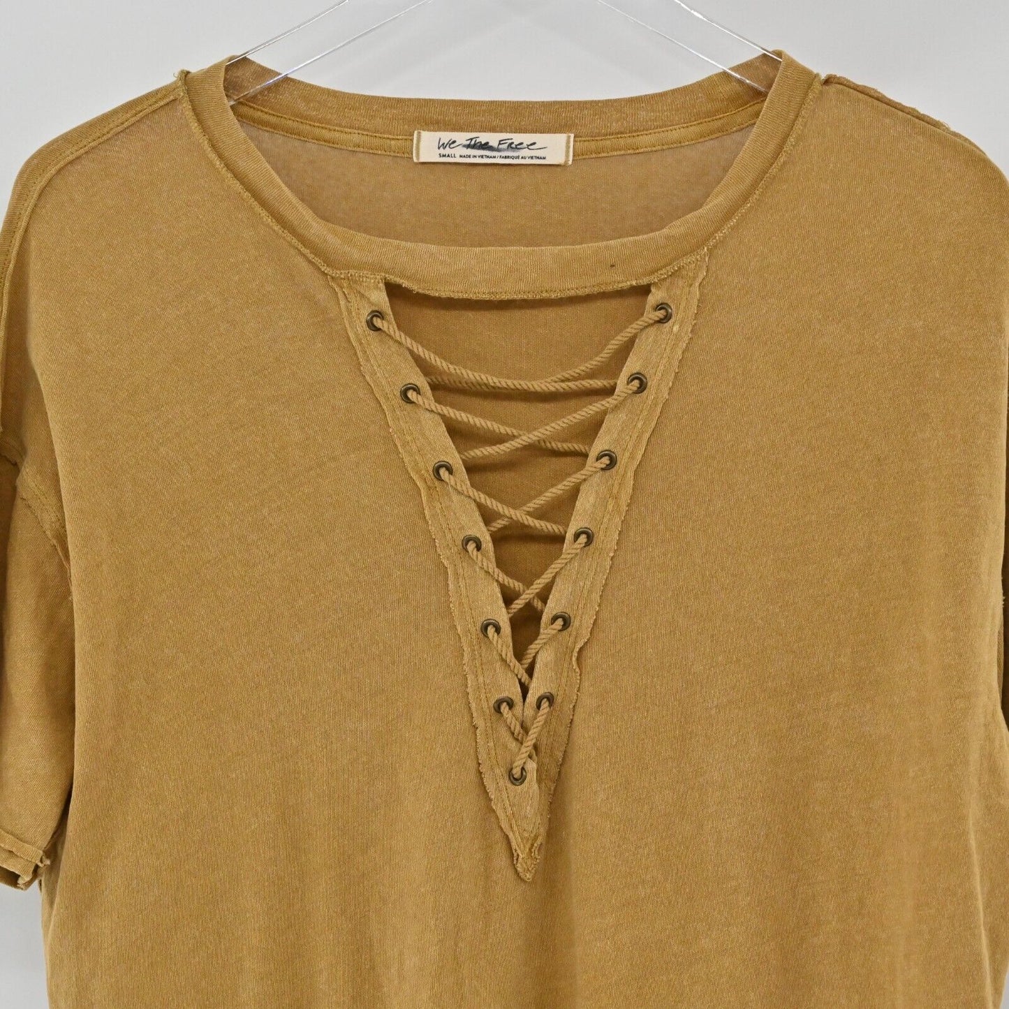 FREE PEOPLE Top Womens Size S Azalea Lace Up Short Sleeve Shirt Mustard Bohemian