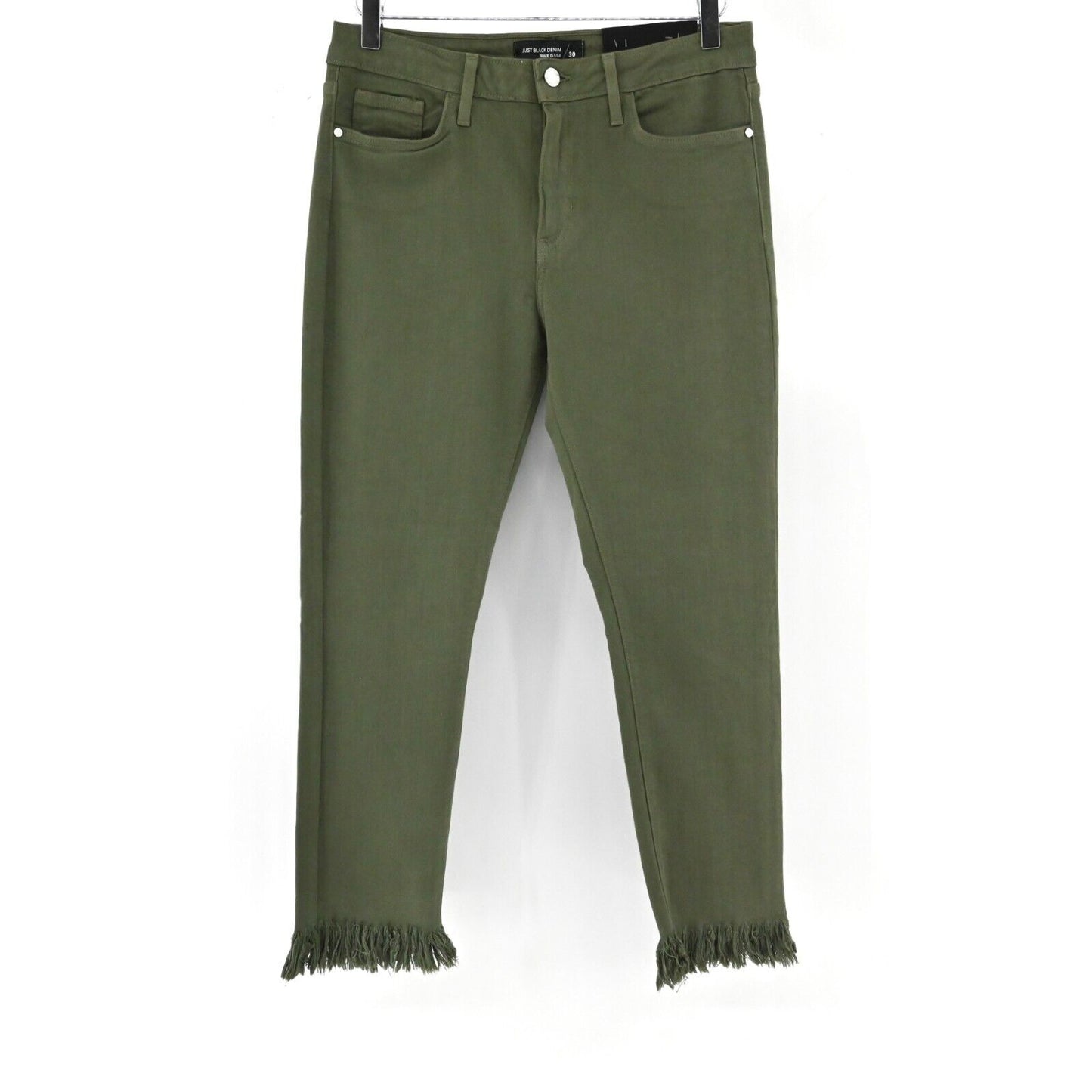 JUST BLACK DENIM Jeans Womens Sz 30 Green Crop Ankle Army Fringe Made in USA NEW
