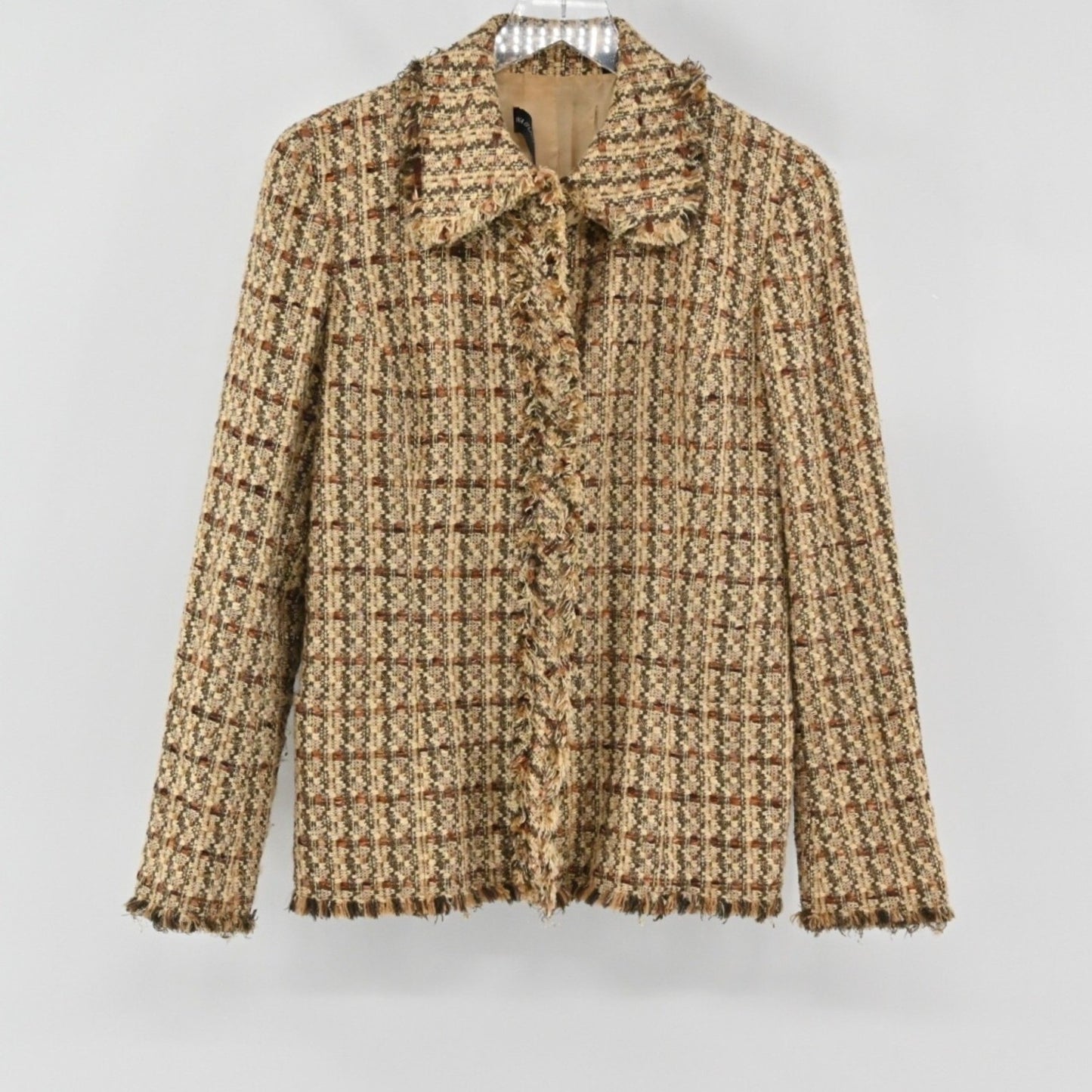 Vtg DANA BUCHMAN Womens Tweed Blazer Size 6 Brown Preppy Plaid Fringe Jacket
