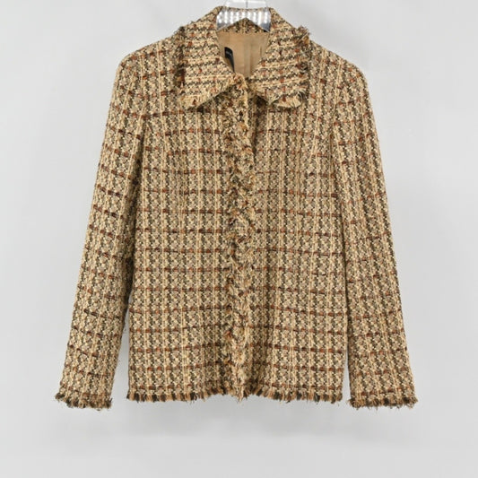 Vtg DANA BUCHMAN Womens Tweed Blazer Size 6 Brown Preppy Plaid Fringe Jacket