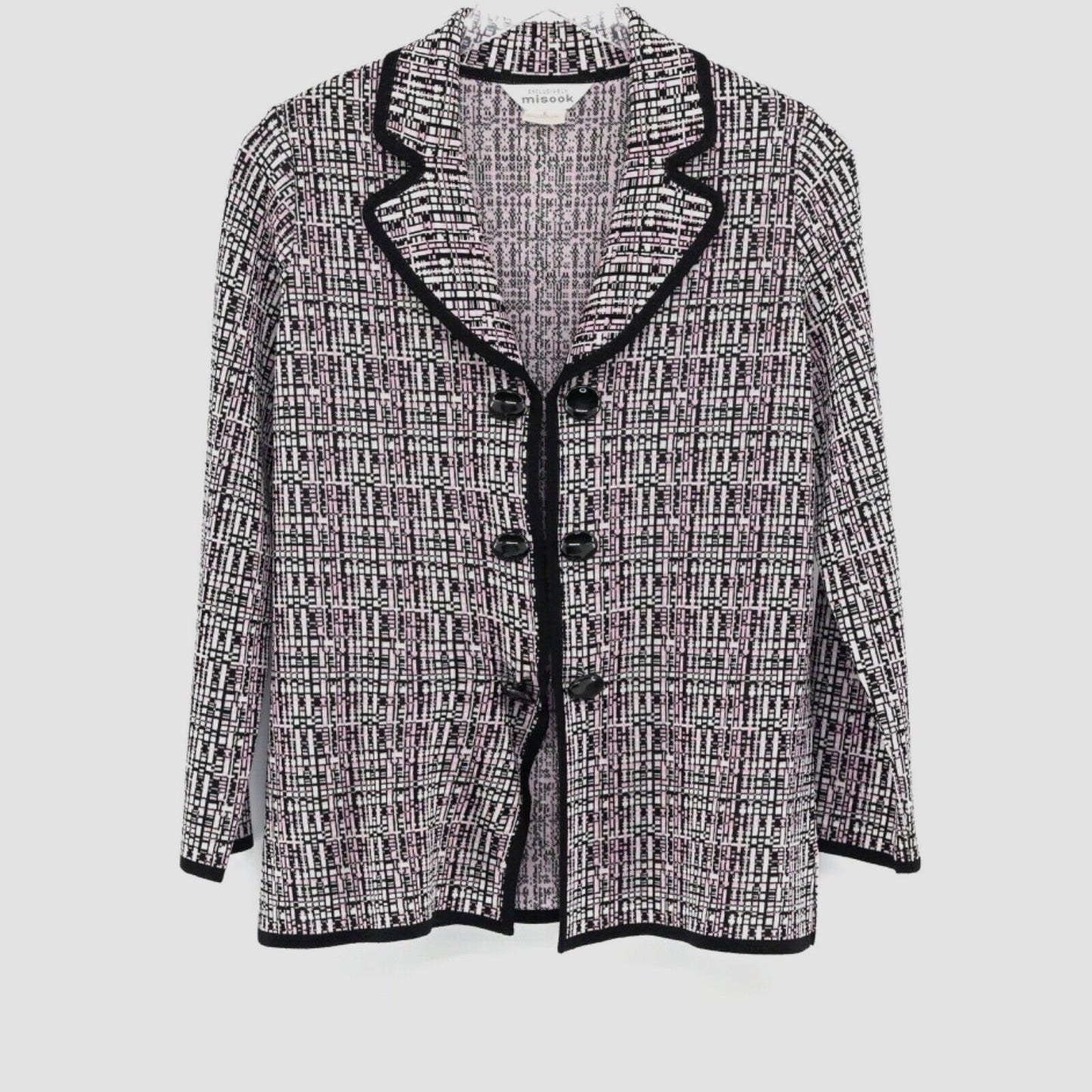 MISOOK Womens Knit Jacket Sz S Blazer Black Pink Print Retro Career Quiet Luxury