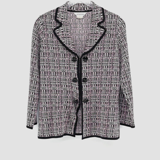MISOOK Womens Knit Jacket Sz S Blazer Black Pink Print Retro Career Quiet Luxury