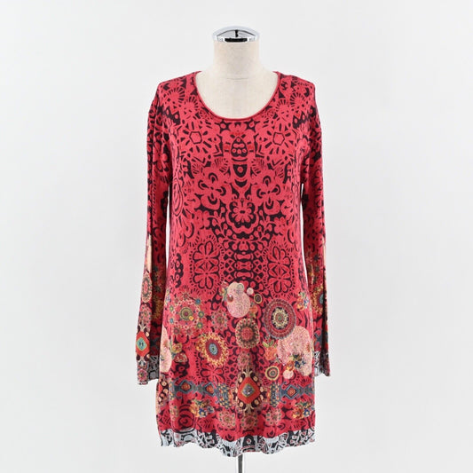 DESIGUAL Dress Womens Sz M Red Geometric Boho Lightweight Katy Tunic Long Sleeve