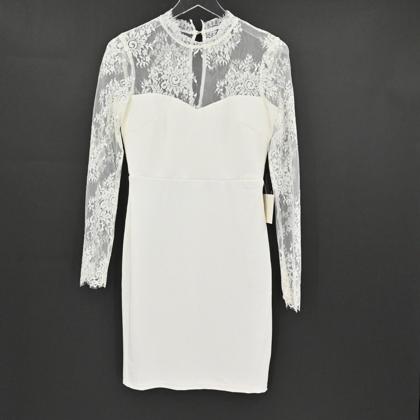 LULUS Dress Womens Size S Ivory Lace Sleeves High Neck Bodycon Bridal Party NEW