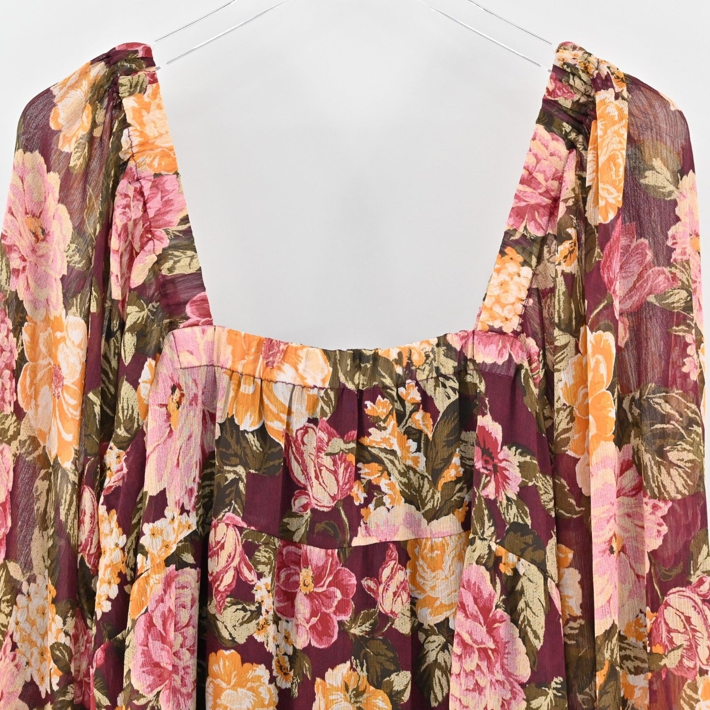 EN CREME Floral Boho Dress Size L Tiered Ruffle Balloon Sleeve Square Neck Retro