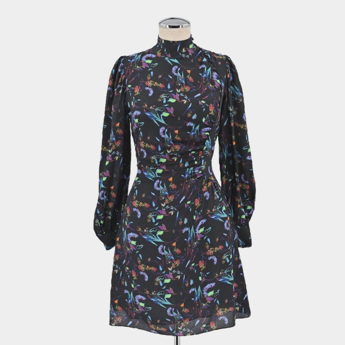 TANYA TAYLOR Dress Size 0 Clarisse Mini Black Floral Silk High Neck Long Sleeve