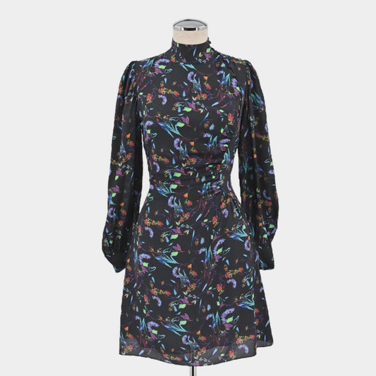 TANYA TAYLOR Dress Size 0 Clarisse Mini Black Floral Silk High Neck Long Sleeve