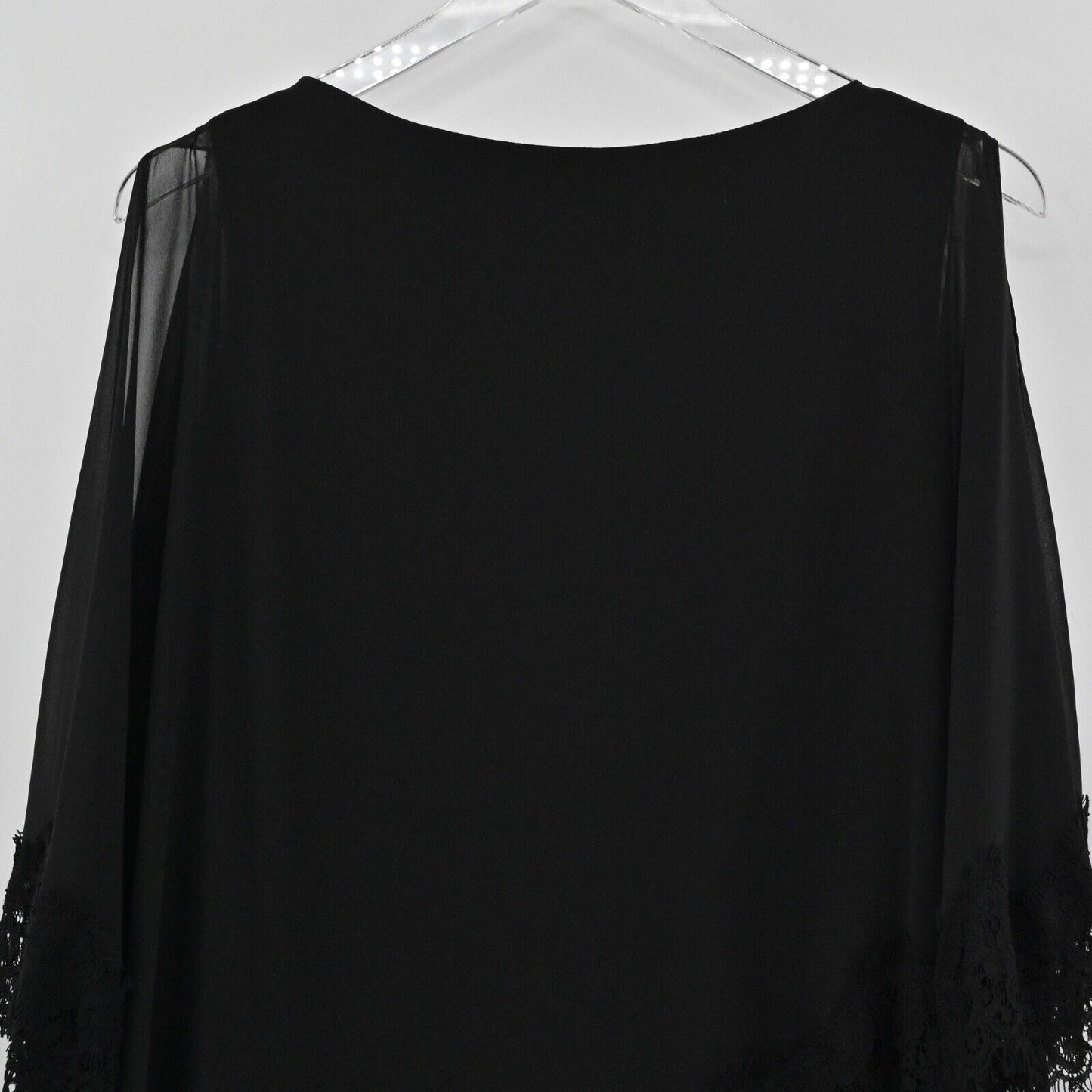 XSCAPE Dress Women Sz 4 Black Lace Trim Chiffon Cold Shoulder Shawl Style Sheath