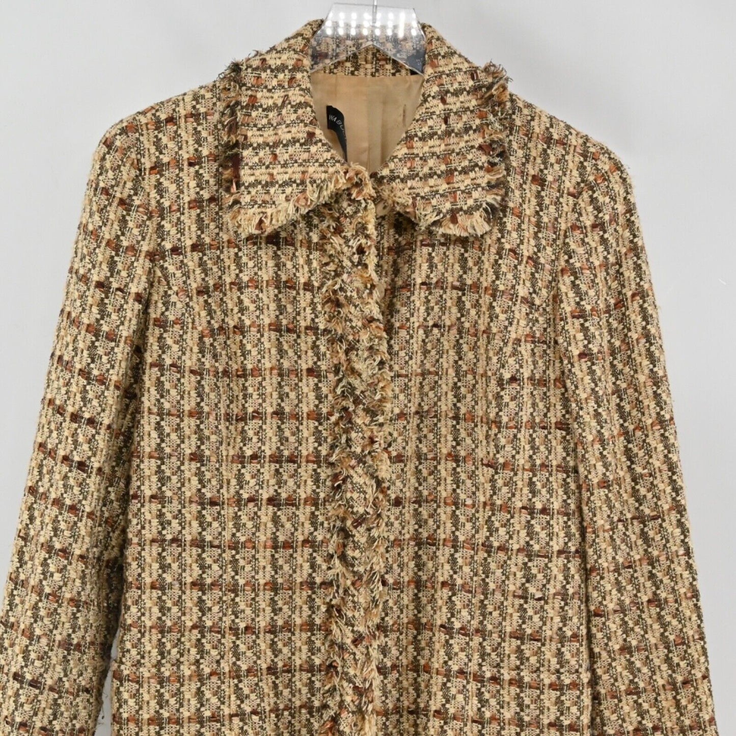 Vtg DANA BUCHMAN Jacket Womens Size 6 Brown Metallic Plaid Tweed Fringe Snap 00s