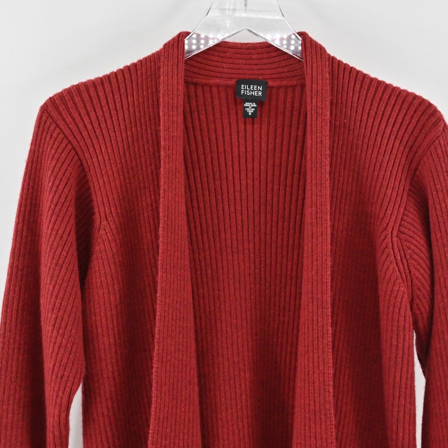 Eileen Fisher Womens Open Front Ribbed Cardigan Sweater Size S Red Wool Knit