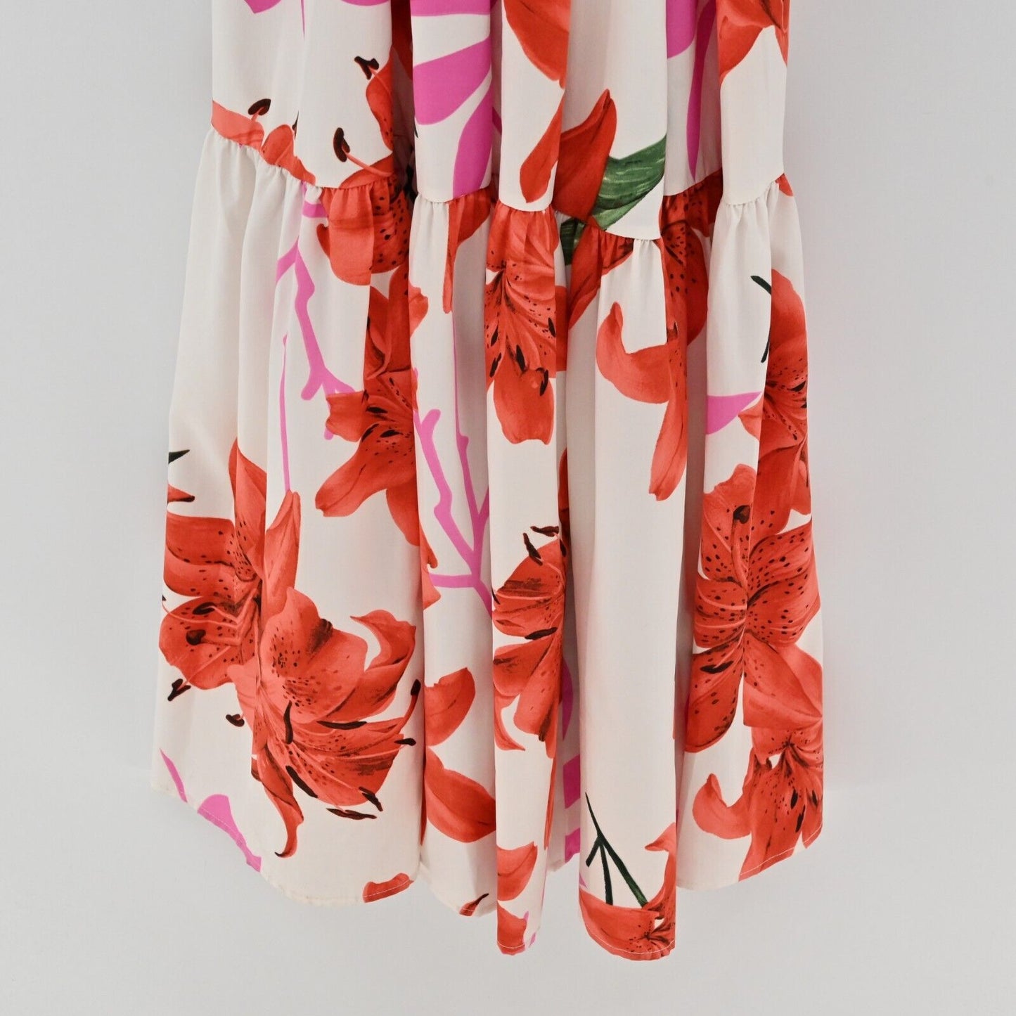 THE SANG Dress Sz S Sleeveless Maxi Red Pink White Floral Tiered Tie Waist Beach