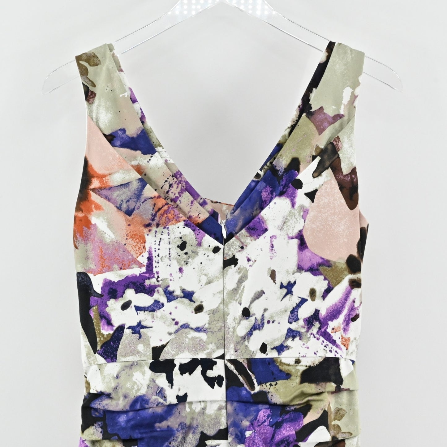 Suzi Chin Floral Pleated Sleeveless Dress Sz 14 Garden Party Ruched Square Neck