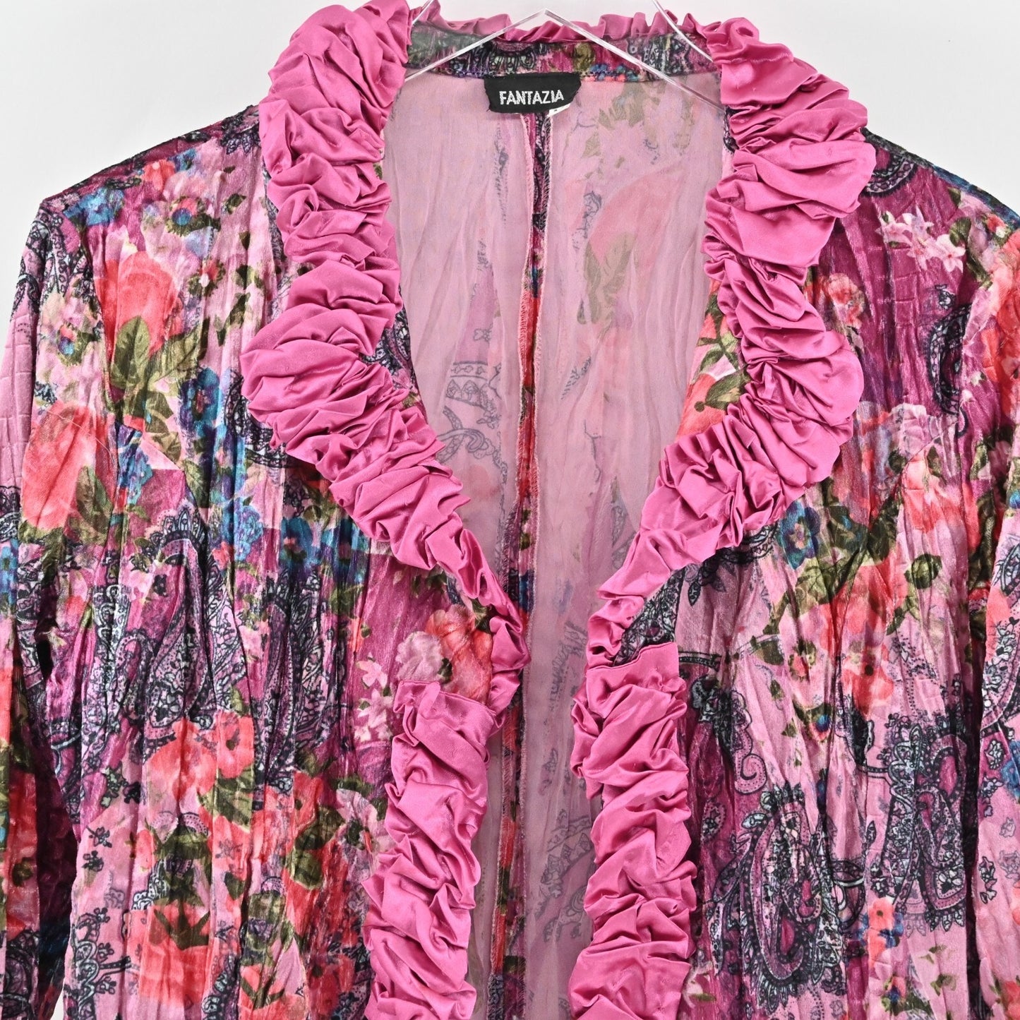 Vtg FANTAZIA Womens Velvet Jacket Size M Pink Floral Paisley Crinkle Ruffle Y2k