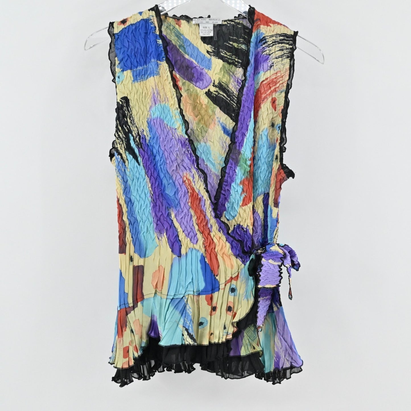 Alberto Makali Womens Colorful Pleated Top Size L Side Tie Textured Art to Wear