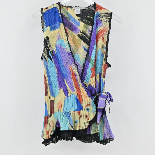 Alberto Makali Womens Colorful Pleated Top Size L Side Tie Textured Art to Wear