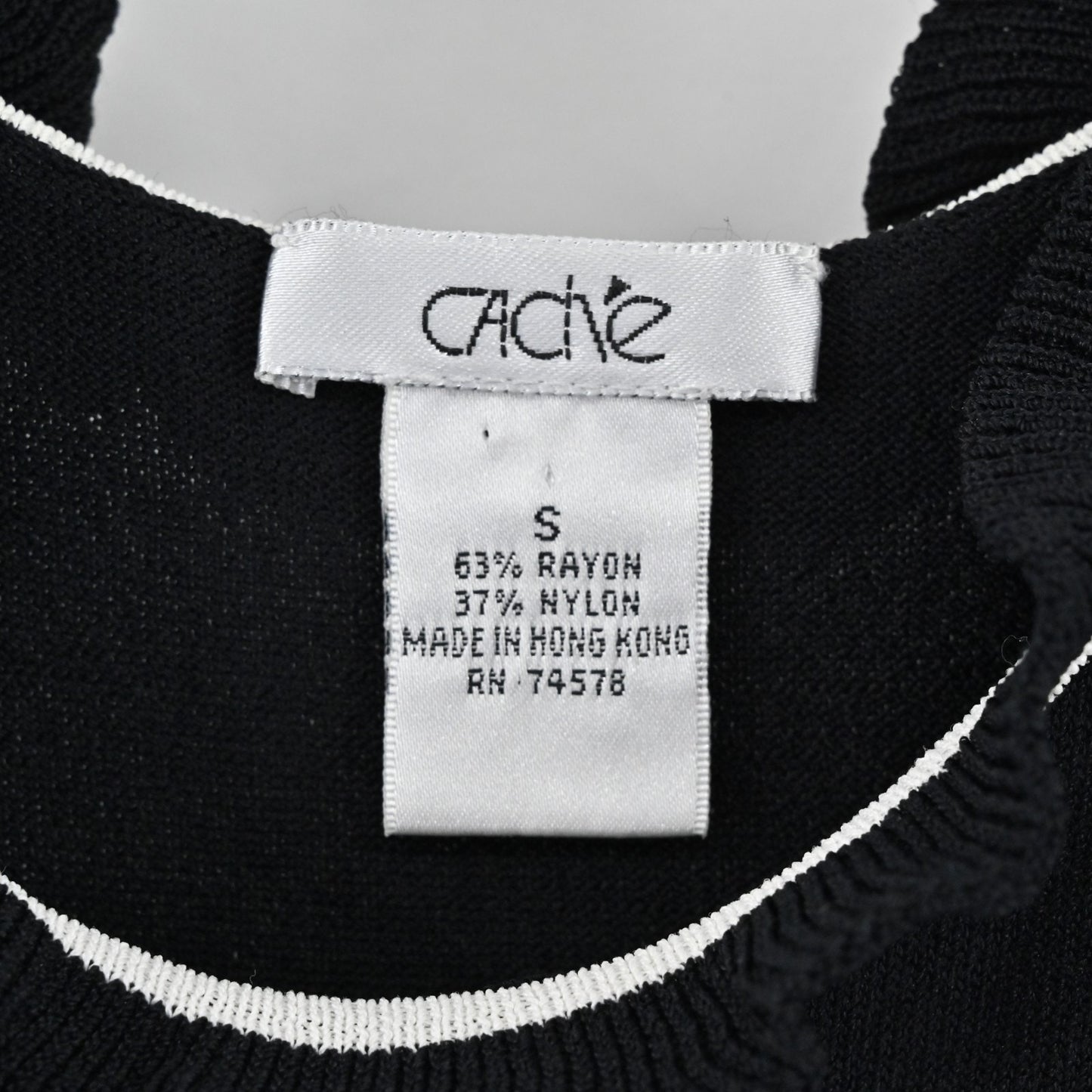 Vtg Cache Womens Knit Black Sleeveless Top Size S Ruffle Neck White Trim Blouse