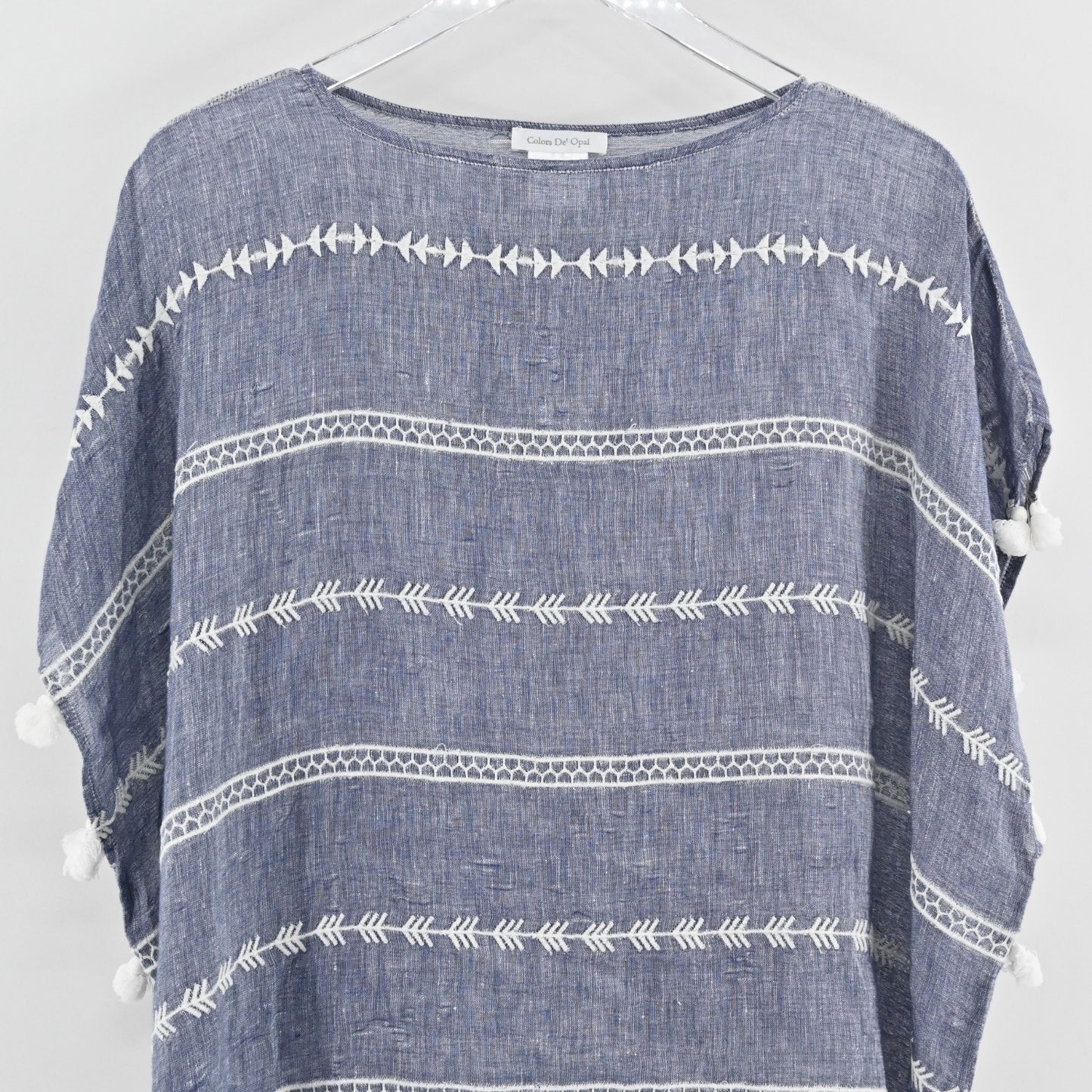 Colors De Opal Womens Linen Tunic OS Chambray White Embroidered Tassel Cover Up