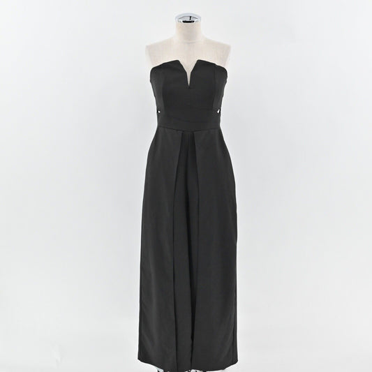 LULUS Jumpsuit Womens Sz S Black Dream It Strapless V Neck Cutout Split Wide Leg