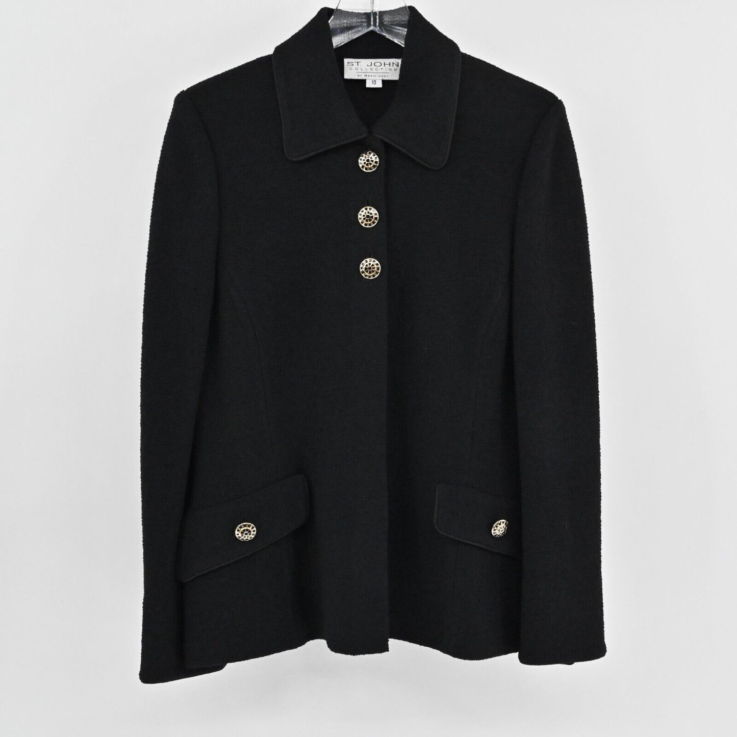 ST JOHN Jacket Womens Sz 10 Collection Santana Knit Black Gold Buttons Dog Show