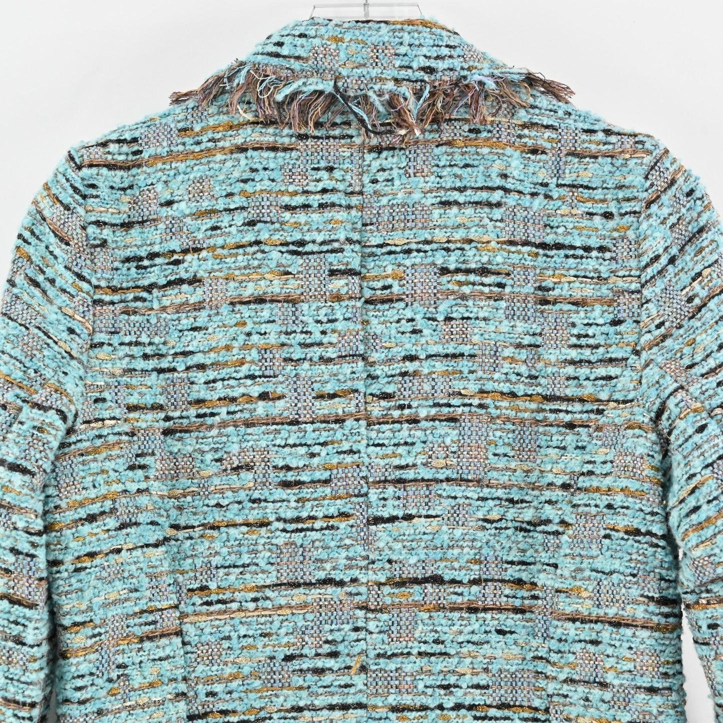 JEAN PIERRE KLIFA Womens Tweed Coat Size M Wool Blend Blue Brown Fringe Jacket