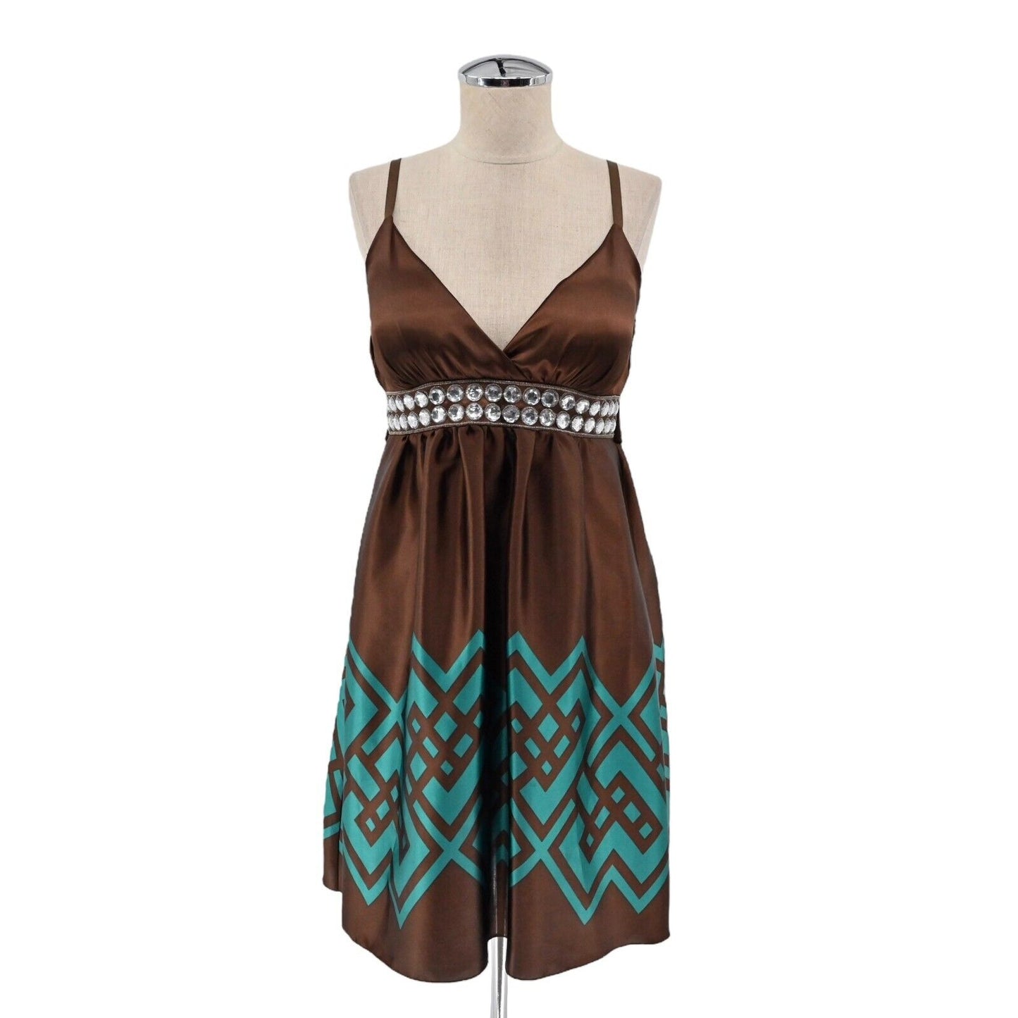 Vtg JANICE Dress Womens Sz S Brown Teal Geometric Satin Jeweled Empire Waist Y2k