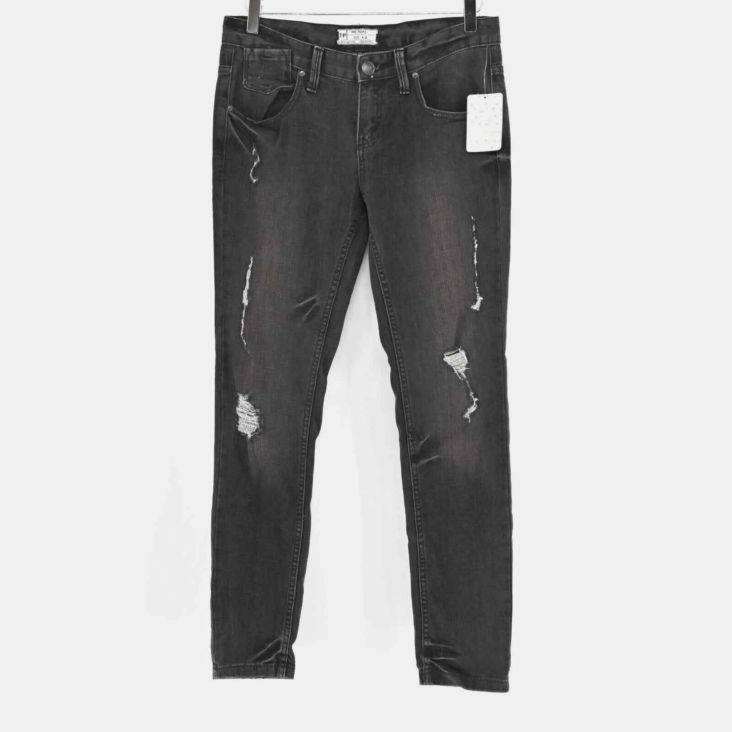 FREE PEOPLE Jeans Womens Sz 28 Coal Miners Washed Black Distressed Boho Festival