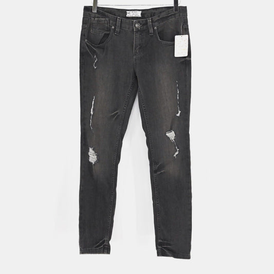 FREE PEOPLE Jeans Womens Sz 28 Coal Miners Washed Black Distressed Boho Festival