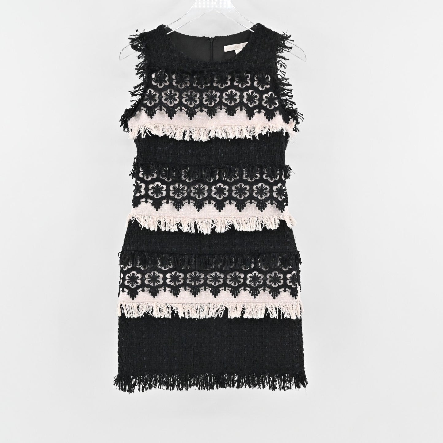 BOSTON PROPER Tweed Dress Size 2 Color Block Sleeveless Floral Fringe Mini Retro