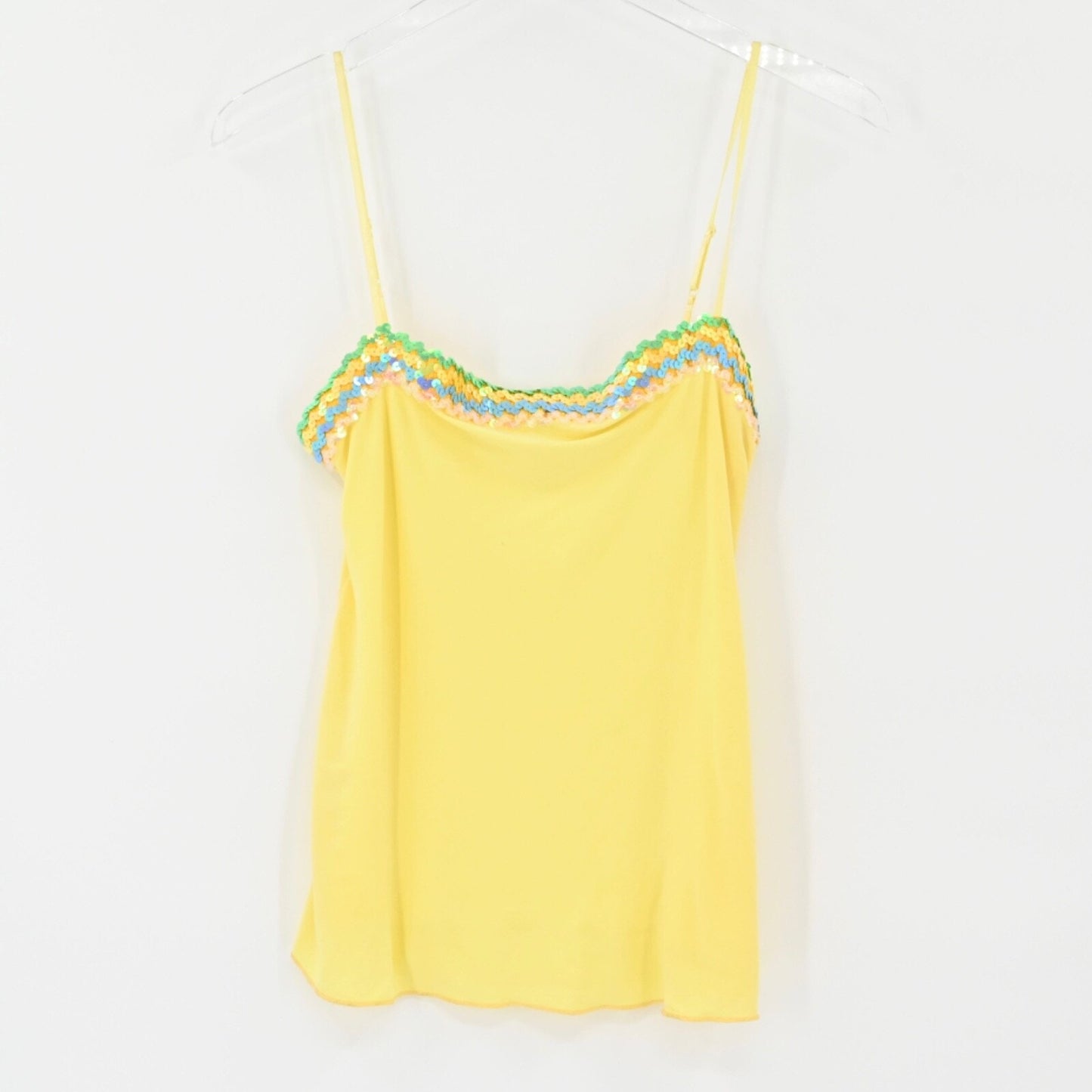 Vtg Babydoll Top Womens Sz M Yellow Sequin Trim Pastels Bling Festival Y2k USA