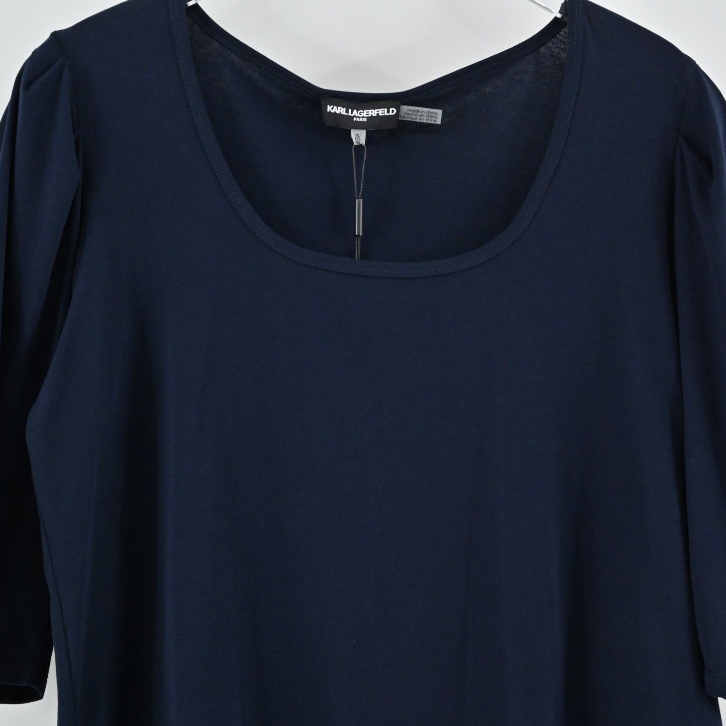 Karl Lagerfeld Womens Navy Blue Top Size XL Puff Sleeve Scoop Neck Cotton NEW
