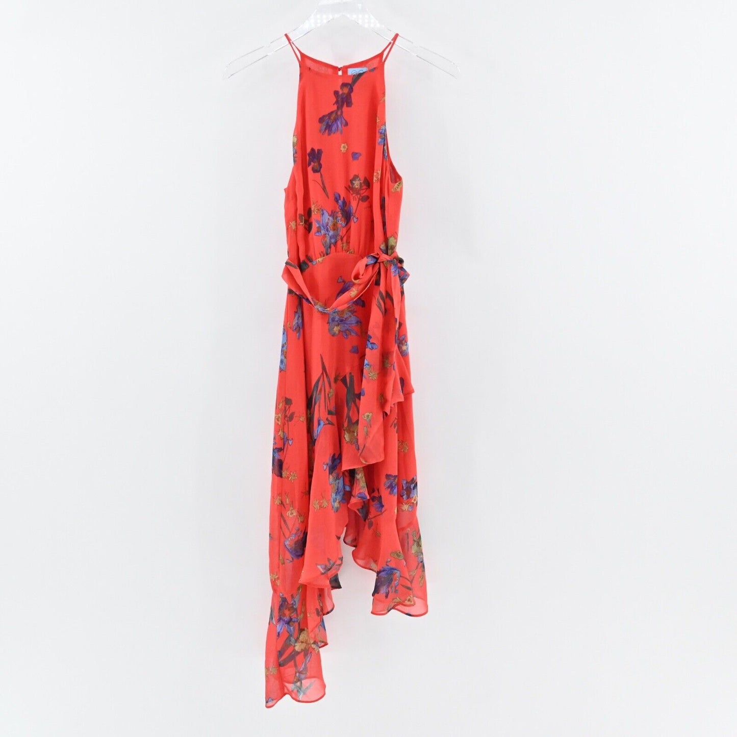 CECE Dress Sz 4 Red Floral Havana Fiesta Halter Tie Belt Asymmetric Ruffle Hem