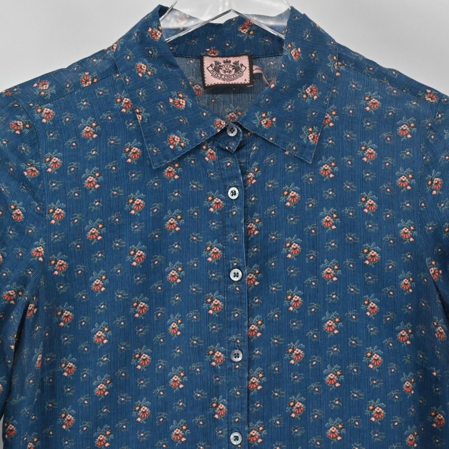 Vtg JUICY COUTURE Top Womens Size 6 Blue Floral Cotton Long Sleeve Button Up 00s