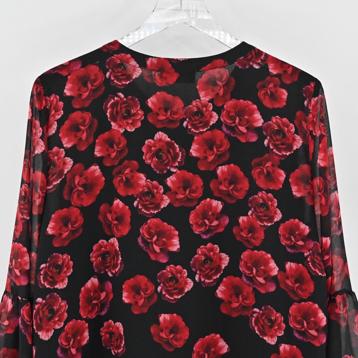 KARL LAGERFELD Top Womens Size L Red Black Floral Bell Sleeve Blouse Chiffon