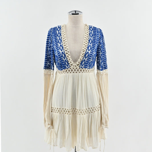 Free People Dusk Till Dawn Dress Sz 2 Blue Embroidered Bohemian Festival Tiered