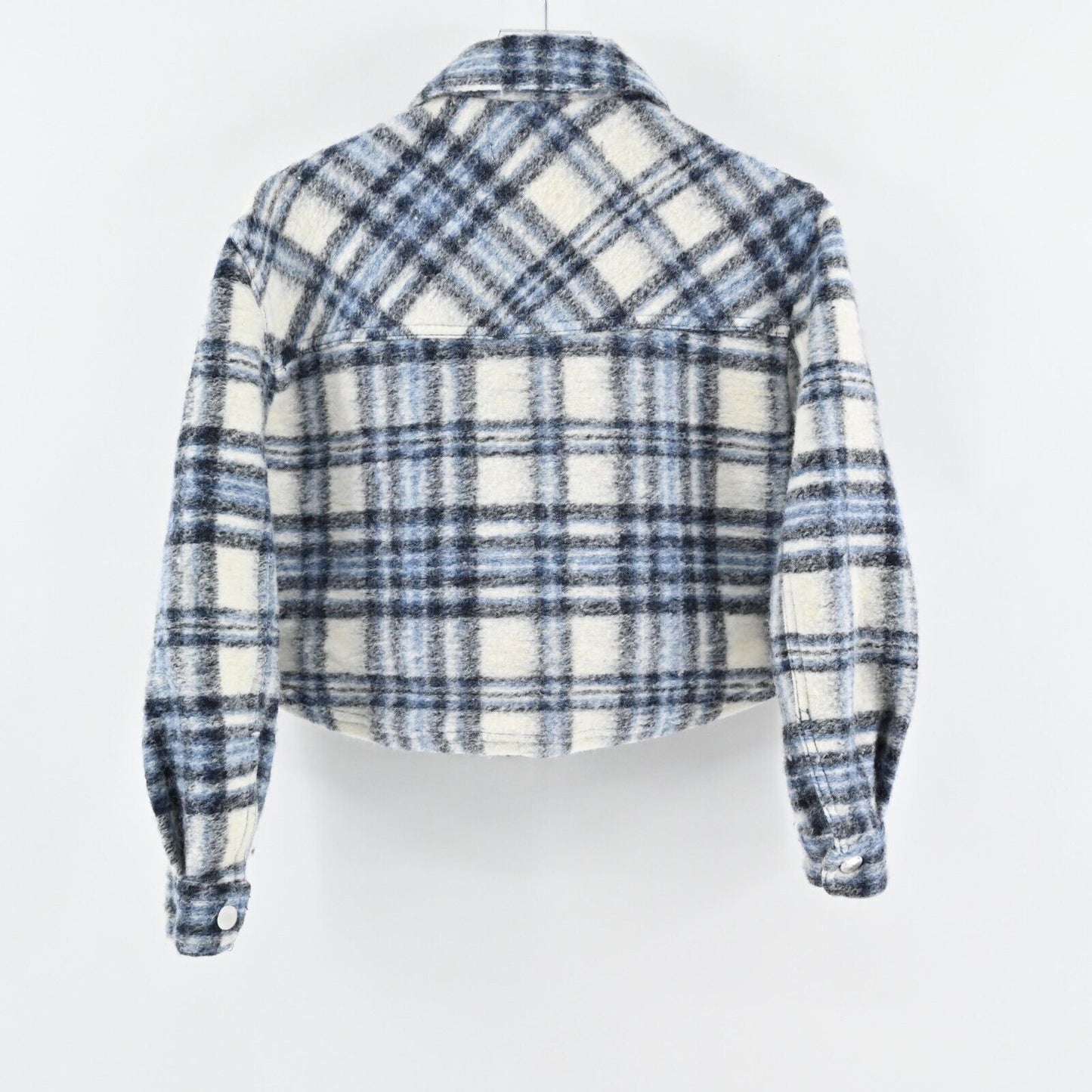 ZARA Jacket Womens Size XS Cropped Blue Plaid Button Front Shacket Wool Blend