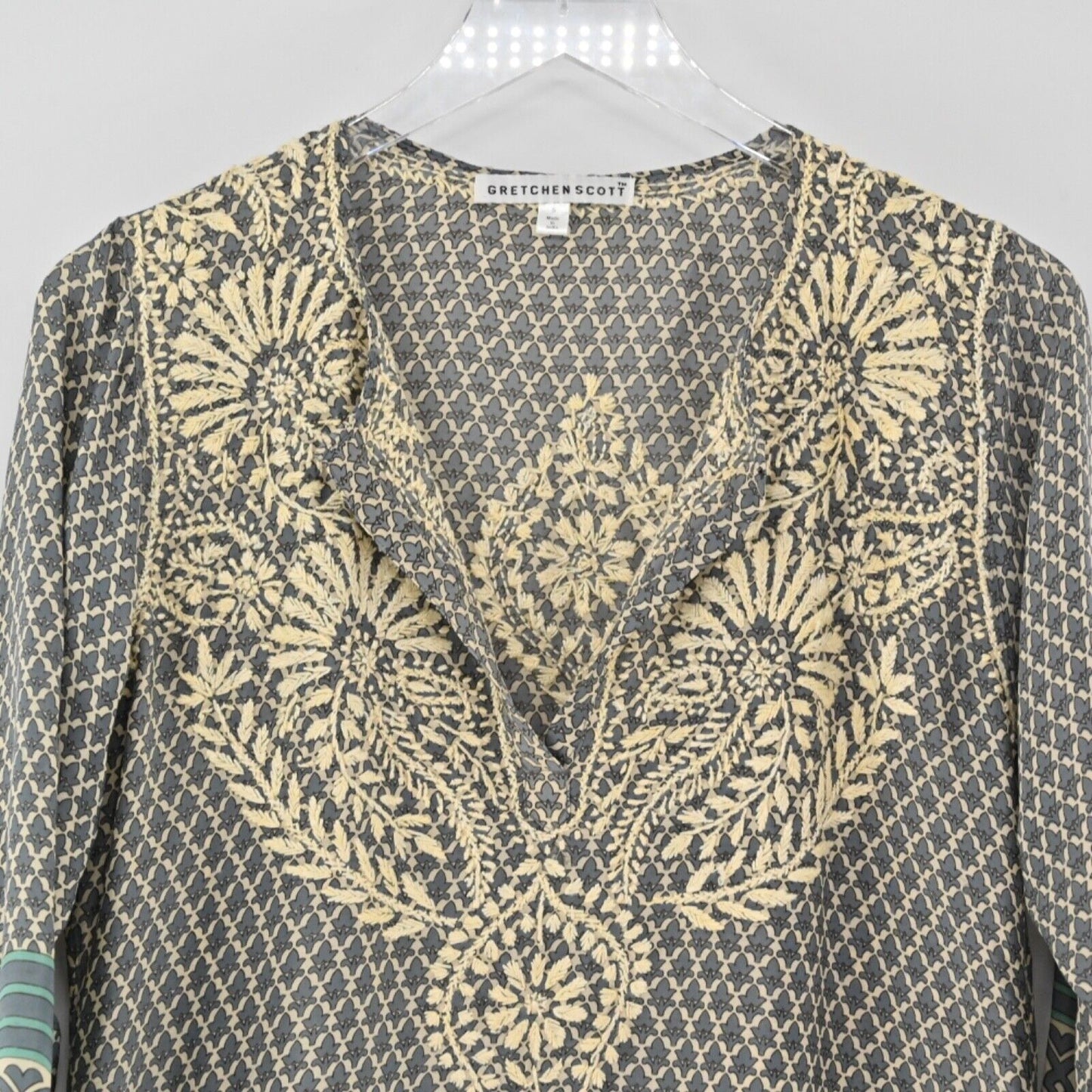GRETCHEN SCOTT Tunic Top Womens Sz S Blue Silk Embroidered Boho Print 3/4 Sleeve