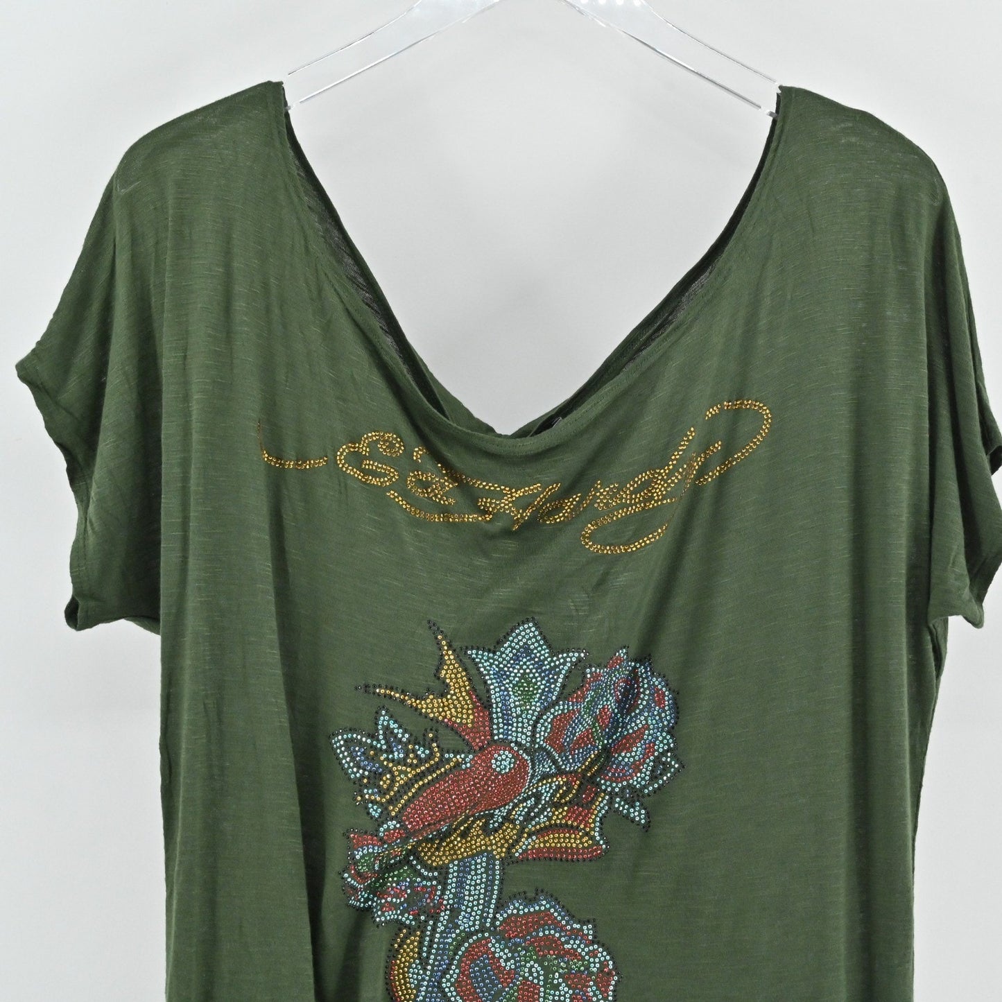 Ed Hardy Rhinestone Embellished Dress Size M Olive Green Y2k Edgy Grunge Indie