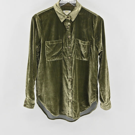 Anthropologie Womens Maeve Hadley Velvet Top Size 0 Green Blouse Button Up