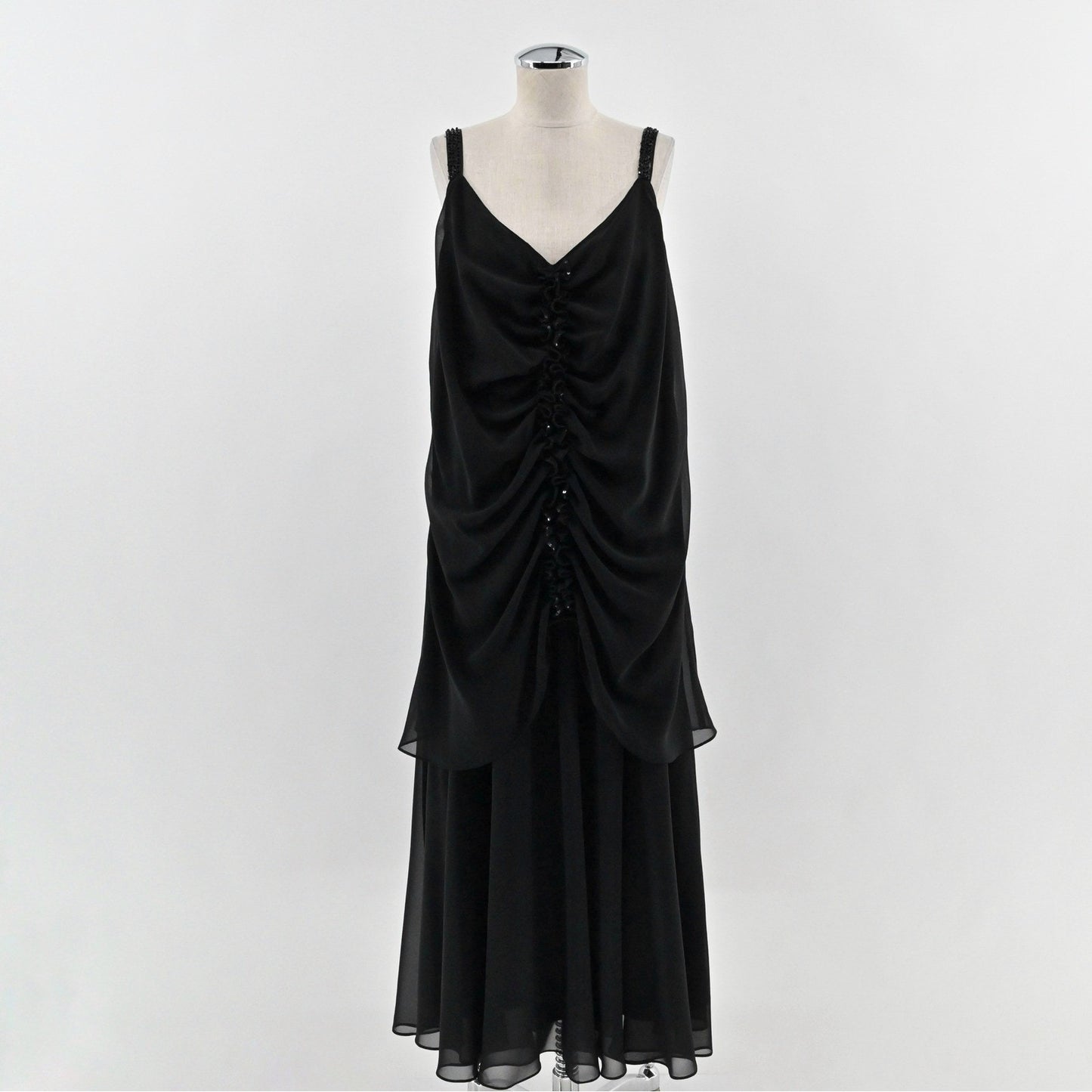 Vtg Y2k Whimsigoth Maxi Dress Size 14 Black Beaded Gown Sleeveless Ruched Grunge