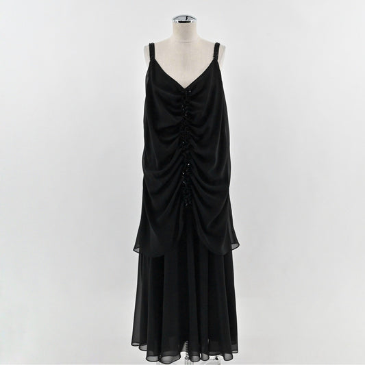 Vtg Y2k Whimsigoth Maxi Dress Size 14 Black Beaded Gown Sleeveless Ruched Grunge