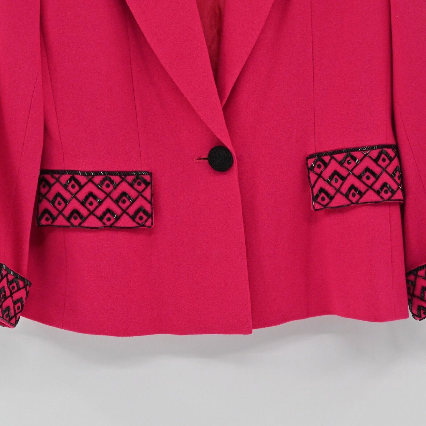 Vtg LILLIE RUBIN Skirt Suit Womens Size 10 Hot Pink Black Beaded 80s