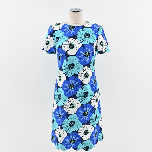 PAPPAGALLO Blue Floral Dress Size 2 Retro Scalloped Hem Sheath Mini Preppy