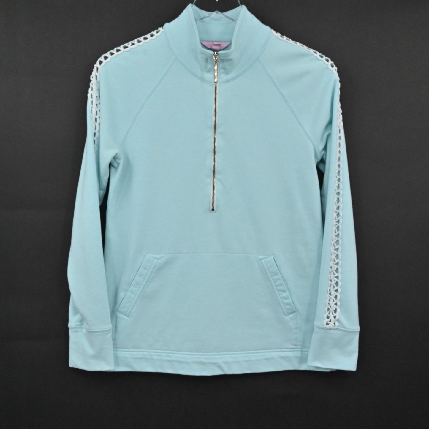 Lilly Pulitzer Womens Skipper Pullover Size S Teal Mock Neck Crochet Sweatshirt