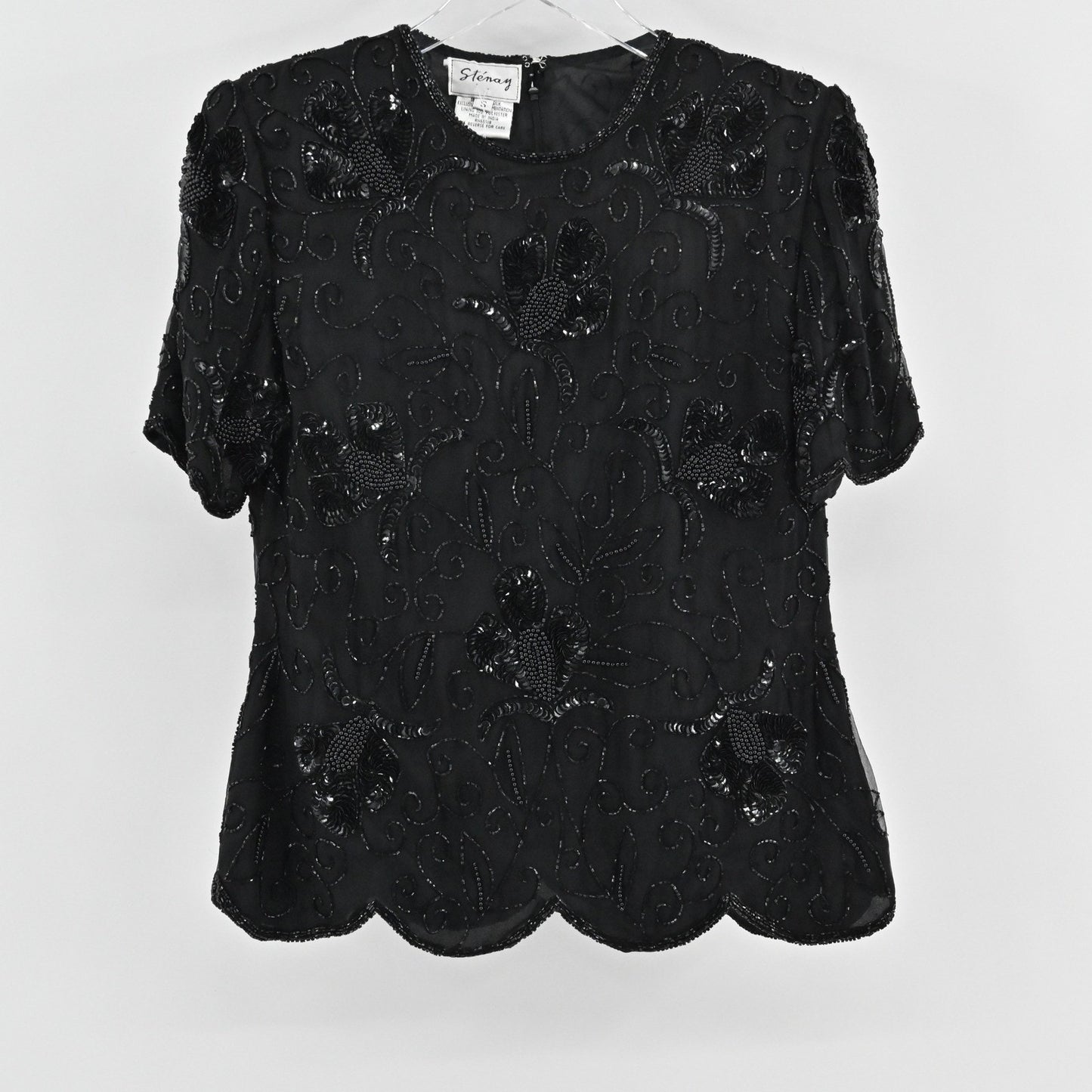 Vtg Stenay Silk Beaded Top Size S Black Sequin Whimsigoth Retro Glam Luxe Blouse