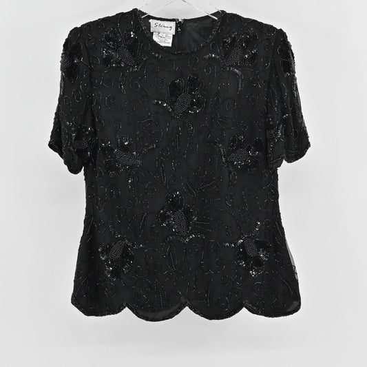 Vtg Stenay Silk Beaded Top Size S Black Sequin Whimsigoth Retro Glam Luxe Blouse