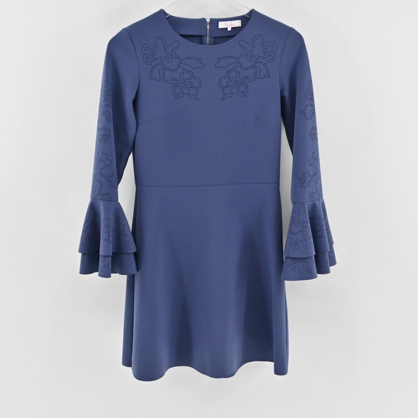 Parker Orlando Blue Dress Size 4 Perforated Detail Bell Sleeve ALine Mini