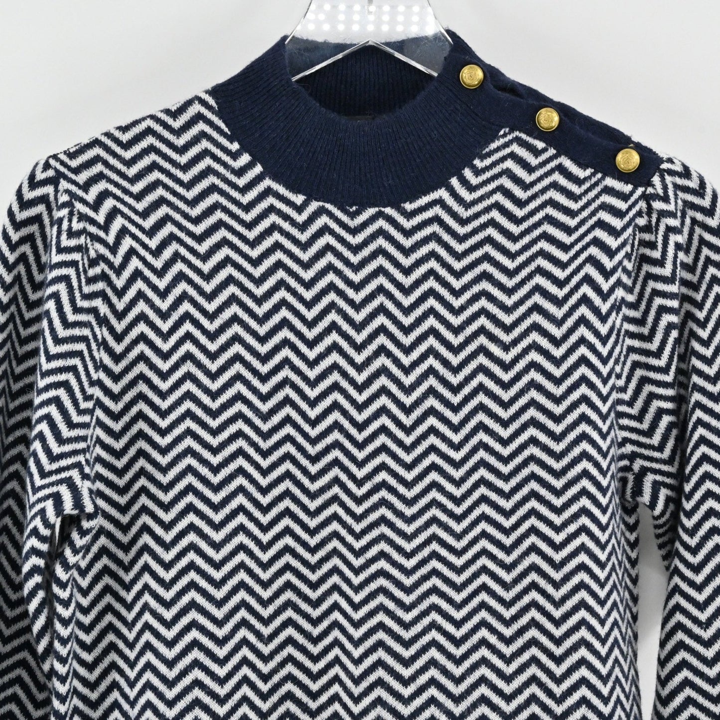 J Crew Womens Chevron Alpaca Sweater Size S Preppy Navy White Mock Neck Button