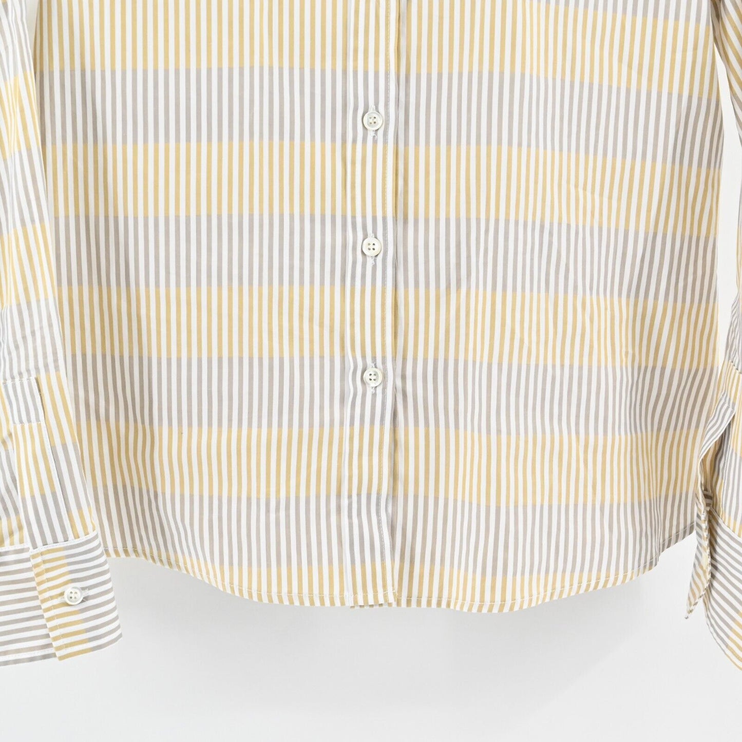 RANI ARABELLA Top Womens Sz L Yellow Tan Stripe Button Italy Cotton Quiet Luxury