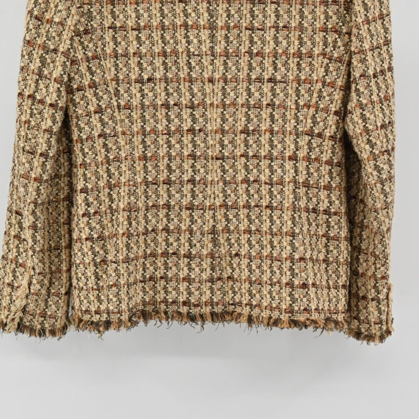 Vtg DANA BUCHMAN Jacket Womens Size 6 Brown Metallic Plaid Tweed Fringe Snap 00s